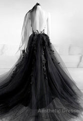 Black Lace Long Evening Prom Dresses, A-Line Backless Evening Dresses